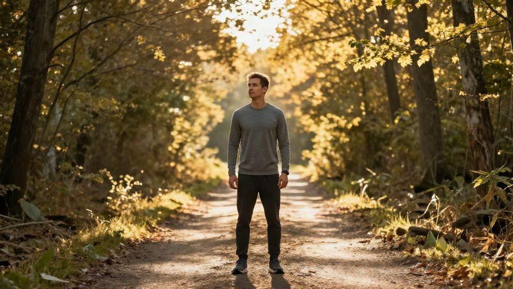 Man standing on a woodland path in warm autumn sunlight