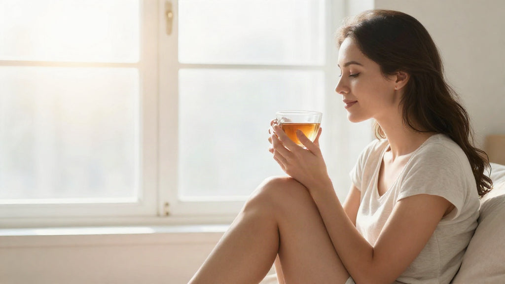 Woman sitting by a bright window holding a cup of herbal tea