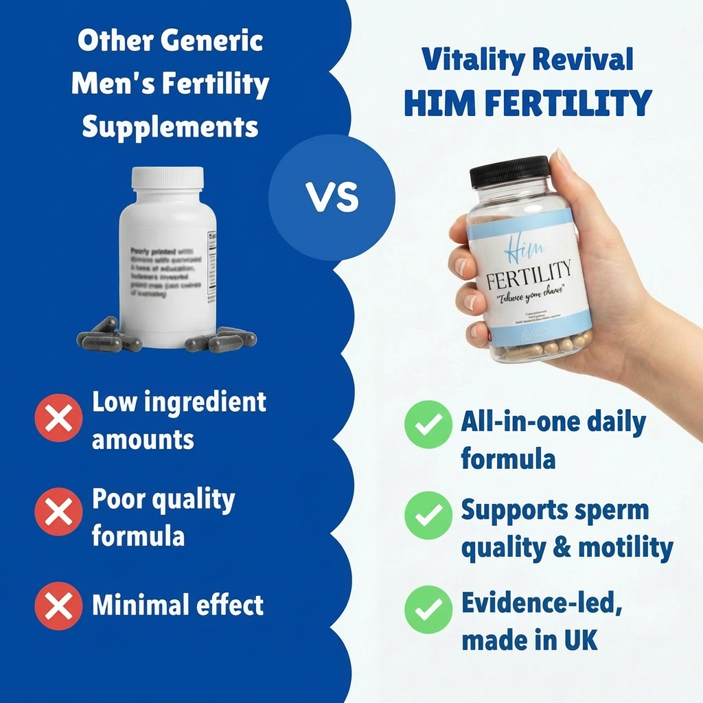Comparison of generic men's fertility supplements versus a hand holding a HIM FERTILITY bottle, highlighting benefits like all-in-one formula, sperm quality support, and UK-made.