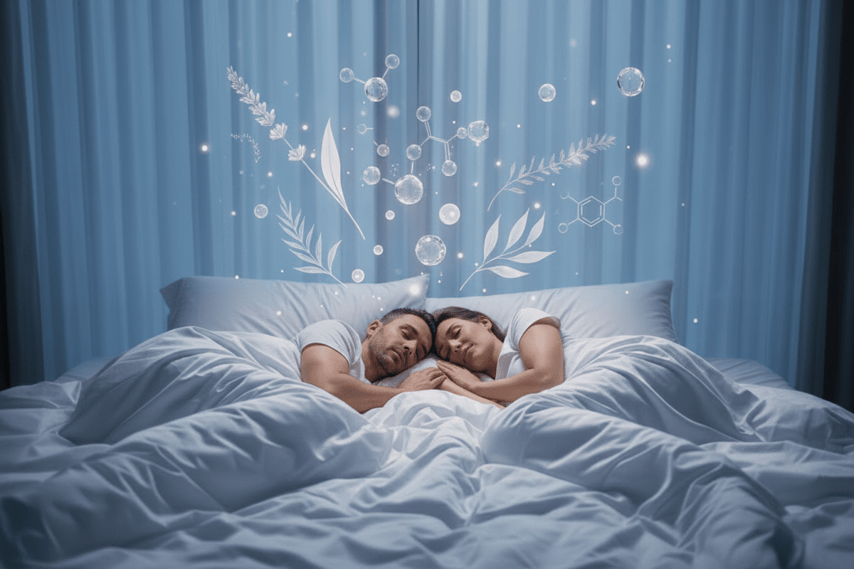 Couple sleeping peacefully in a bed with blue sheets