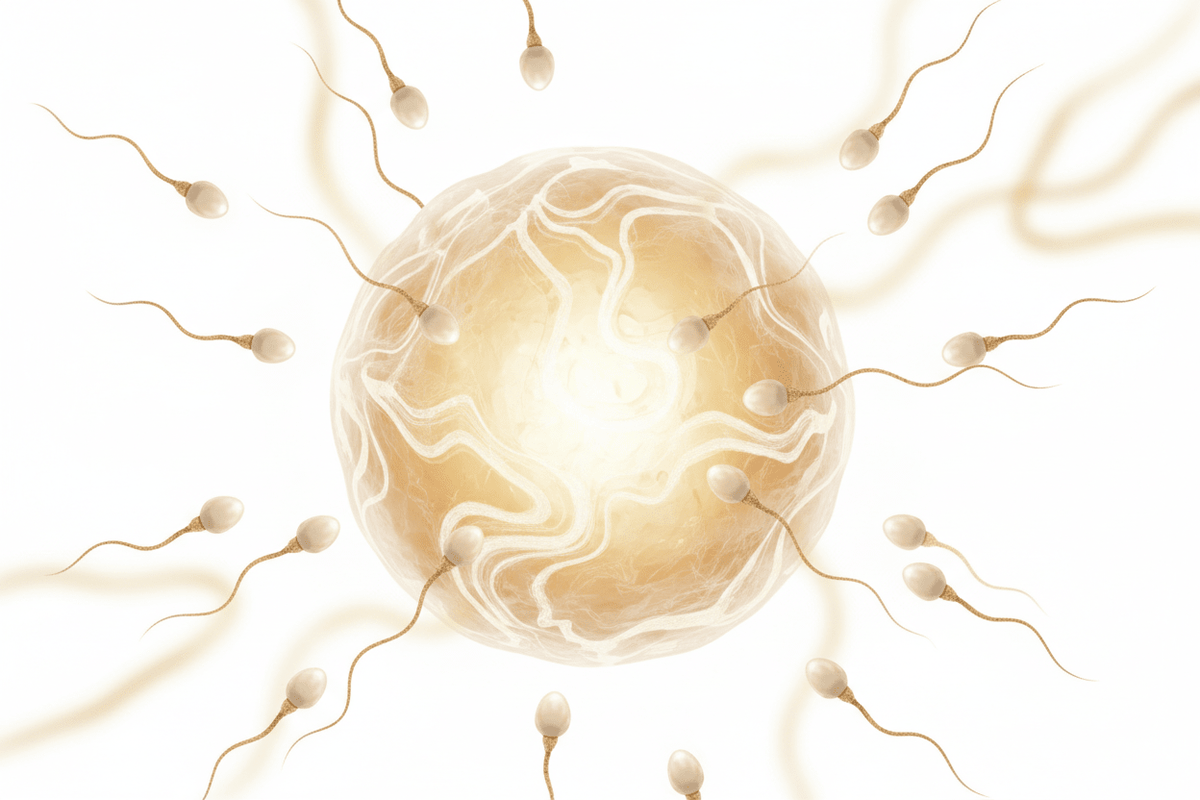 Illustration of sperm cells surrounding an egg cell