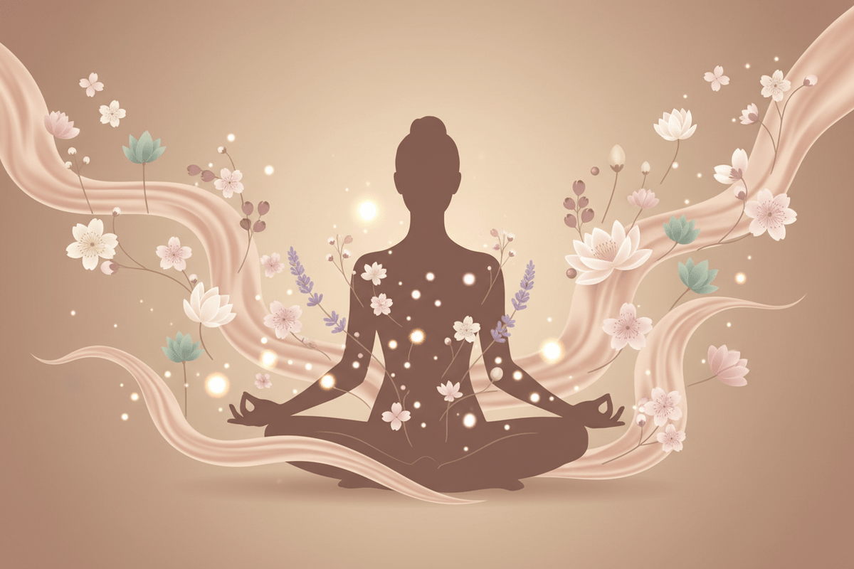 Illustration of a woman meditating, surrounded by soft flowers and flowing ribbons in warm beige tones