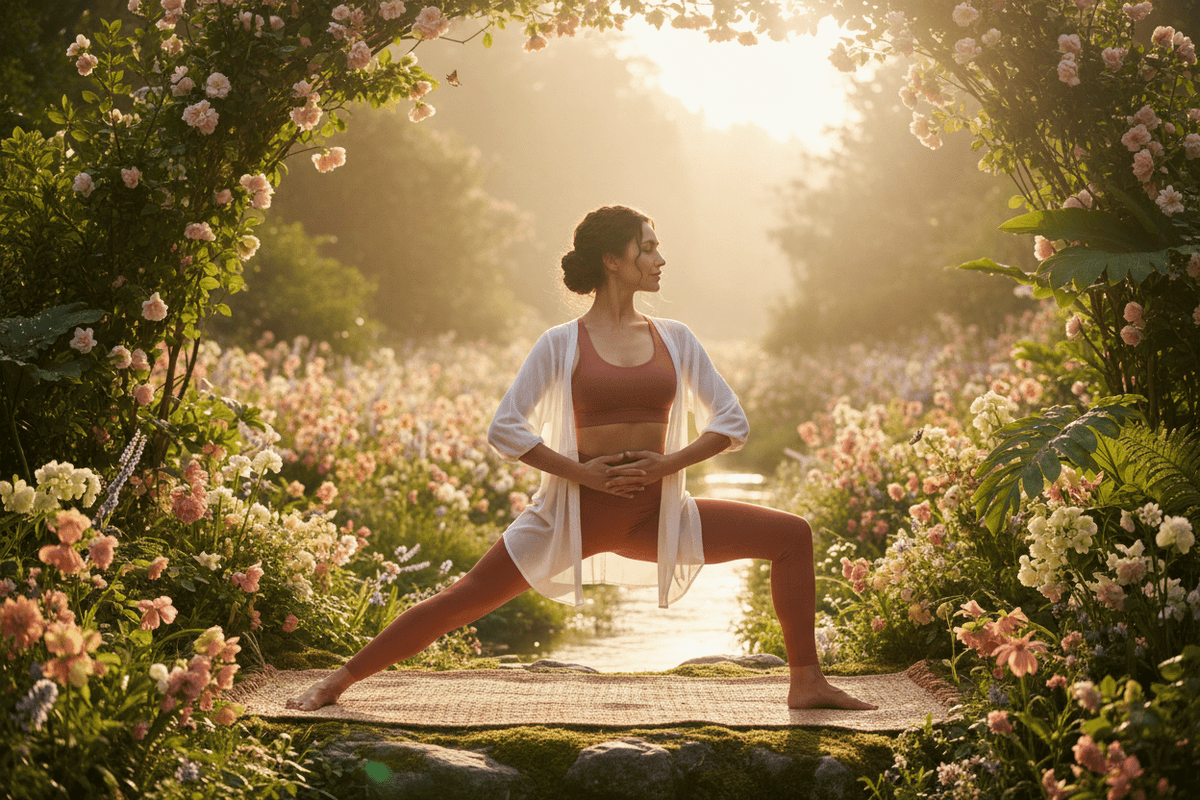 Woman holding a yoga lunge on a mat in a sunlit flower garden