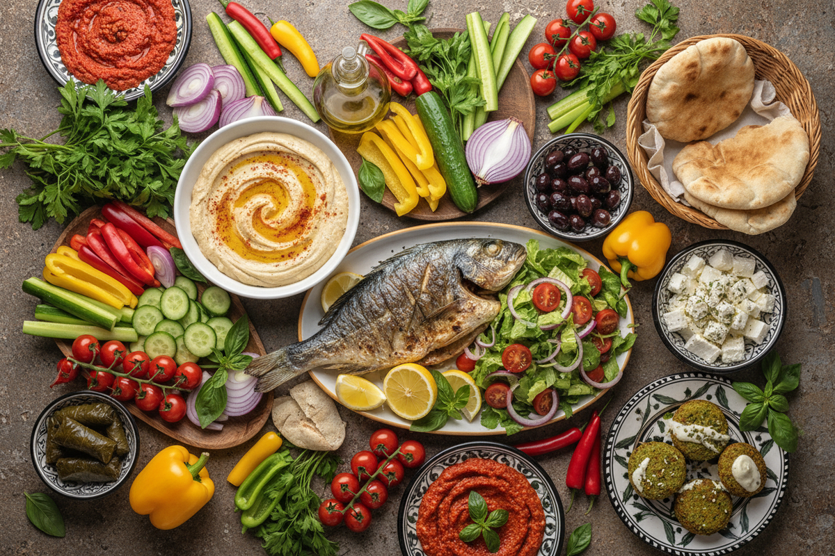 Mediterranean spread of grilled fish, hummus, salads, vegetables and olives