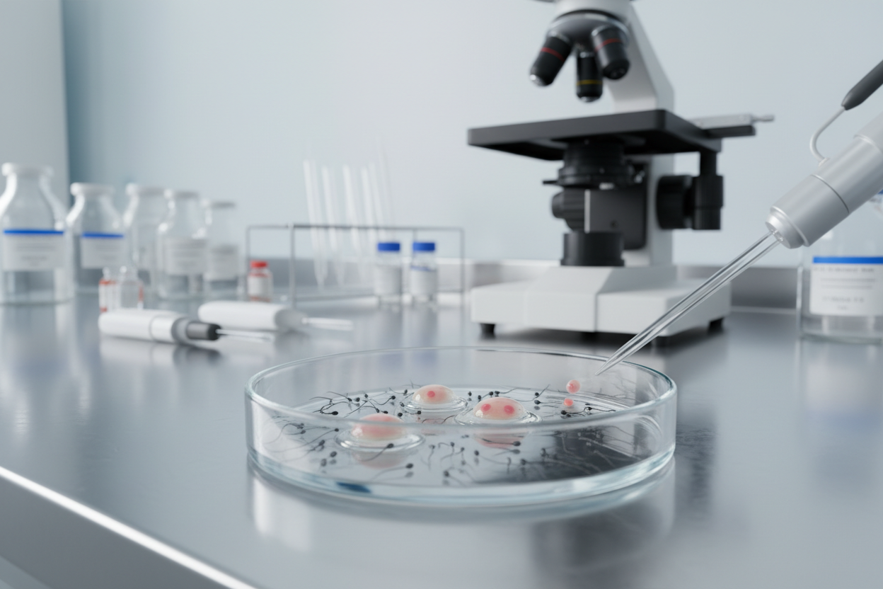 Petri dish with cells and pipette in fertility lab, microscope and lab equipment visible