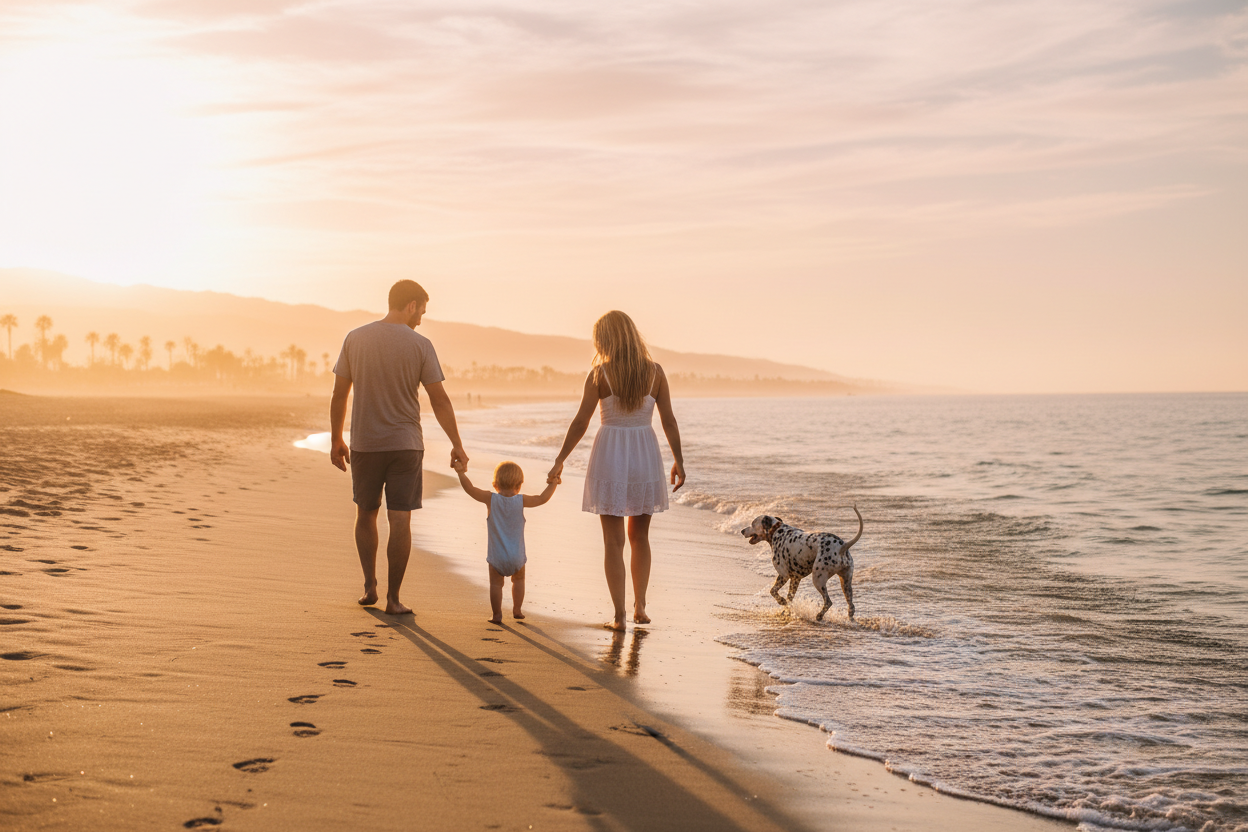 Family with toddler and Dalmatian dog walking on beach at sunset, healthy lifestyle