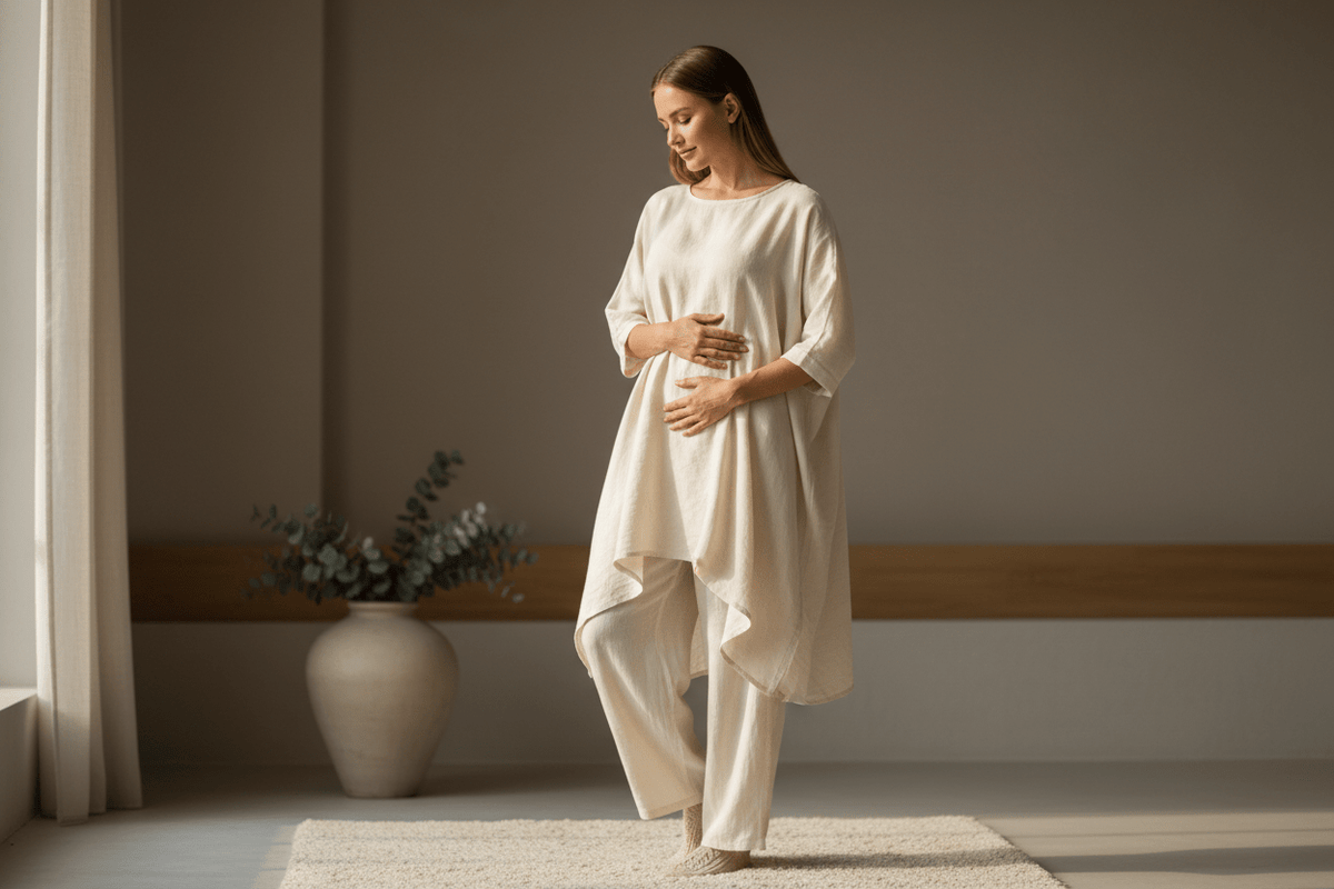Woman in loose cream clothing standing with her hands resting on her abdomen in a calm, minimal room
