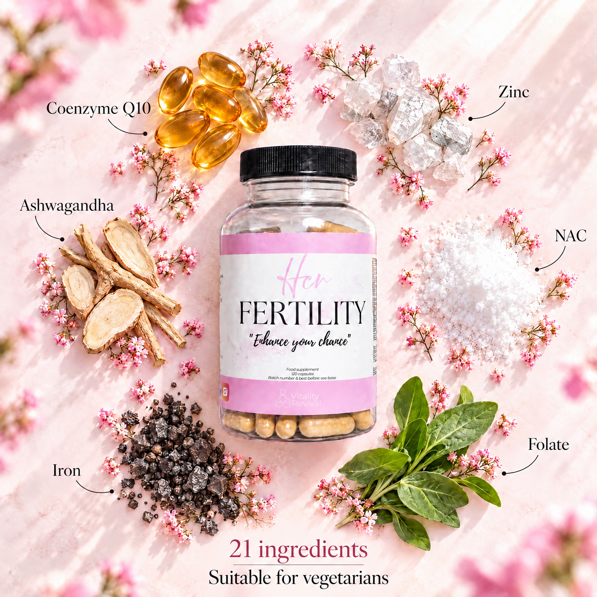HER FERTILITY tub with CoQ10, zinc, NAC, folate, iron and ashwagandha: 21 ingredients, suitable for vegetarians