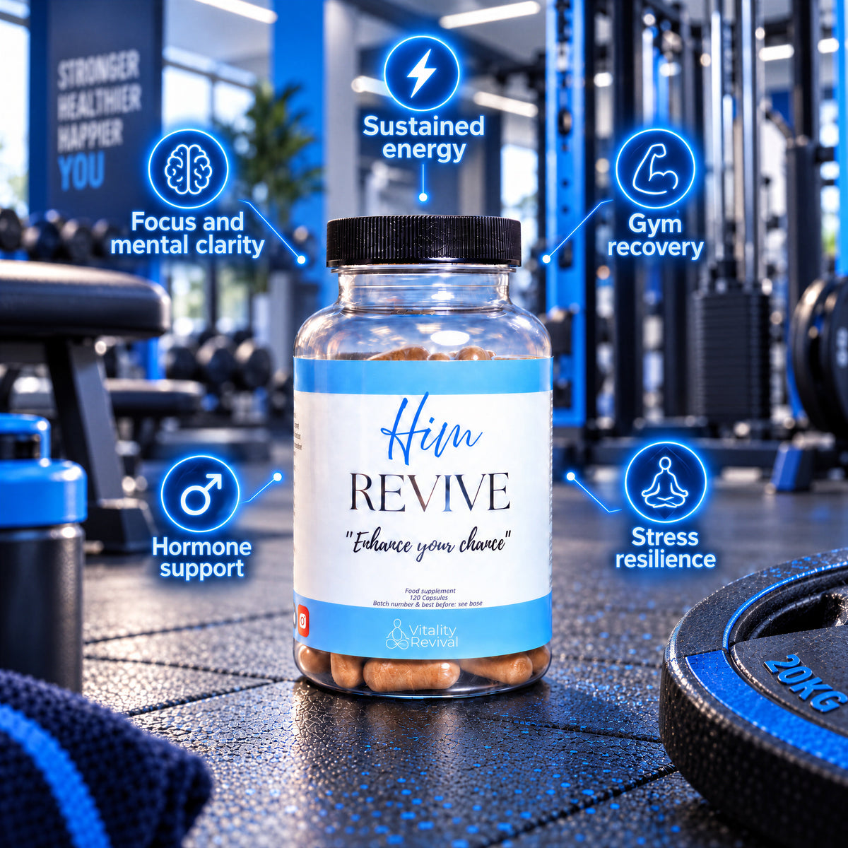 HIM REVIVE tub with callouts for sustained energy, focus, gym recovery and stress resilience