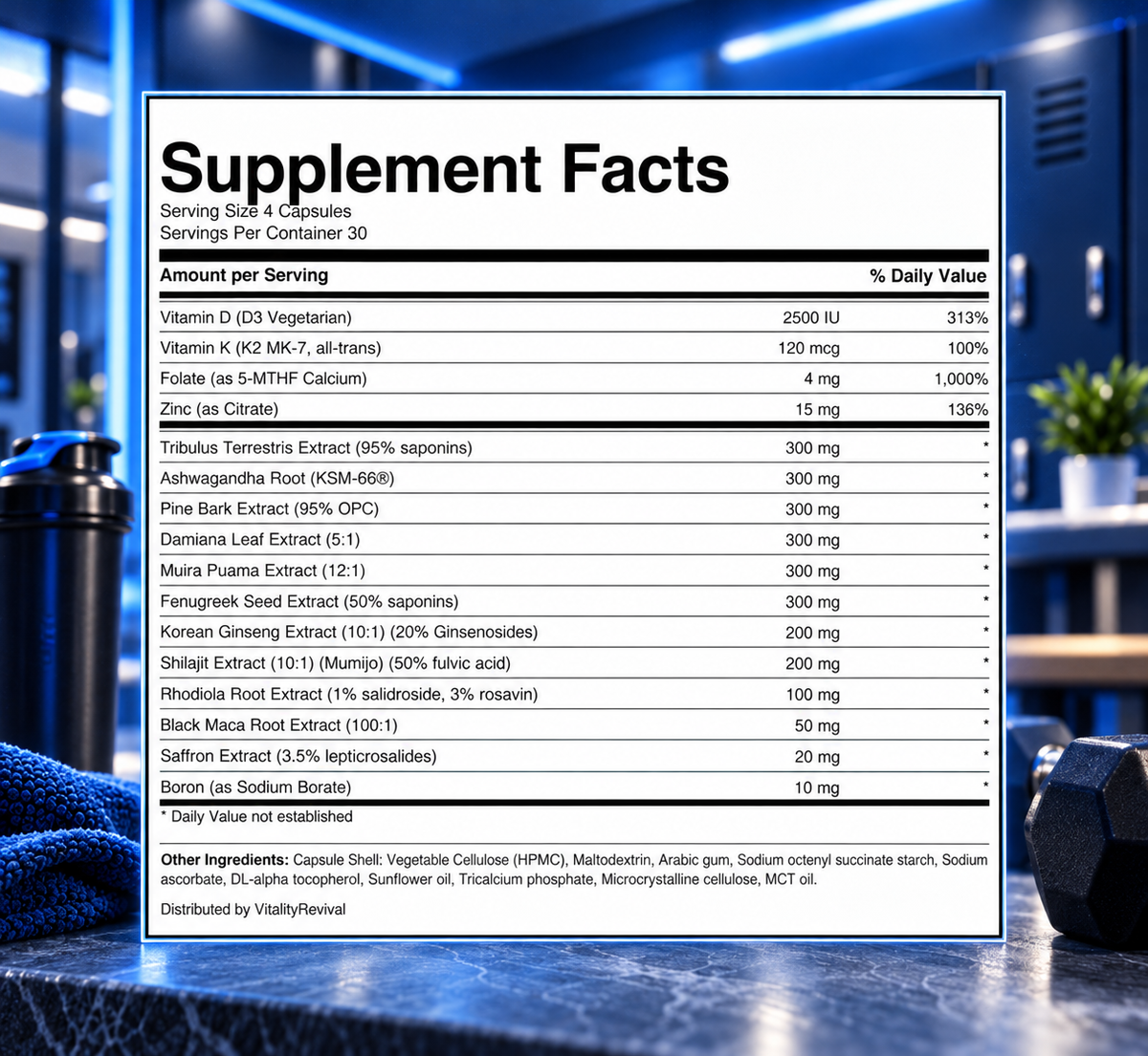 HIM REVIVE supplement facts label per 4-capsule serving