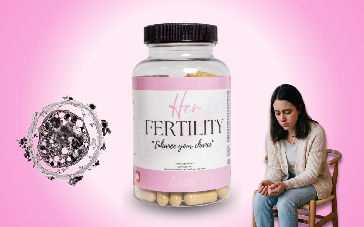 Her Fertility bottle beside an egg-cell graphic and a pensive woman