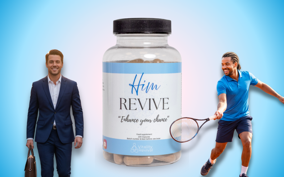 Him Revive bottle with a man in a suit and a man playing tennis