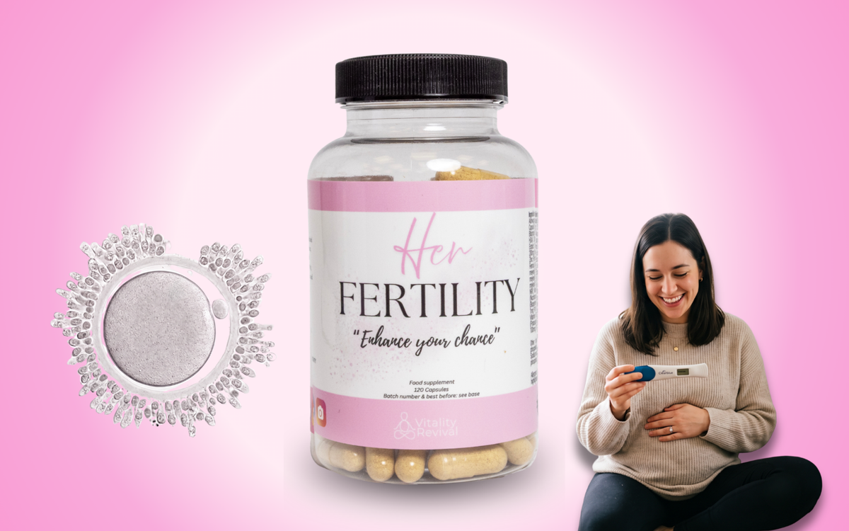 Her Fertility bottle beside an egg-cell graphic and a smiling woman with a pregnancy test
