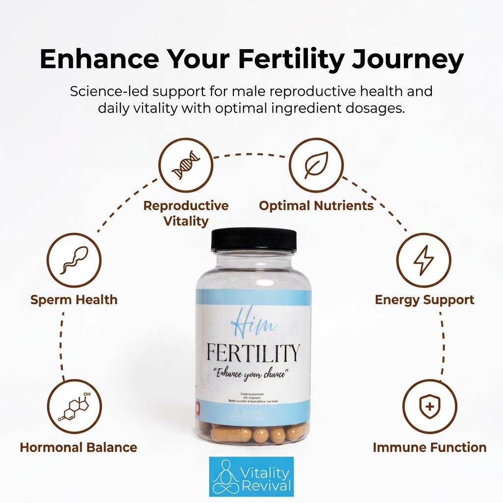 Fertility supplement bottle with labeled benefits on a white background