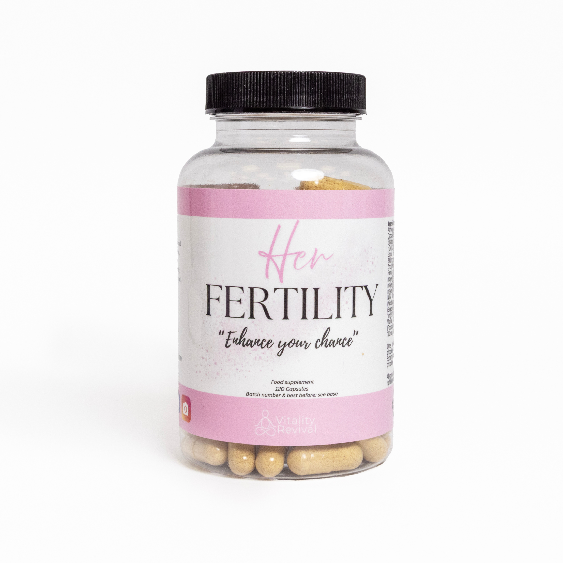 Bottle of Her Fertility supplement capsules for women with pink label on white background