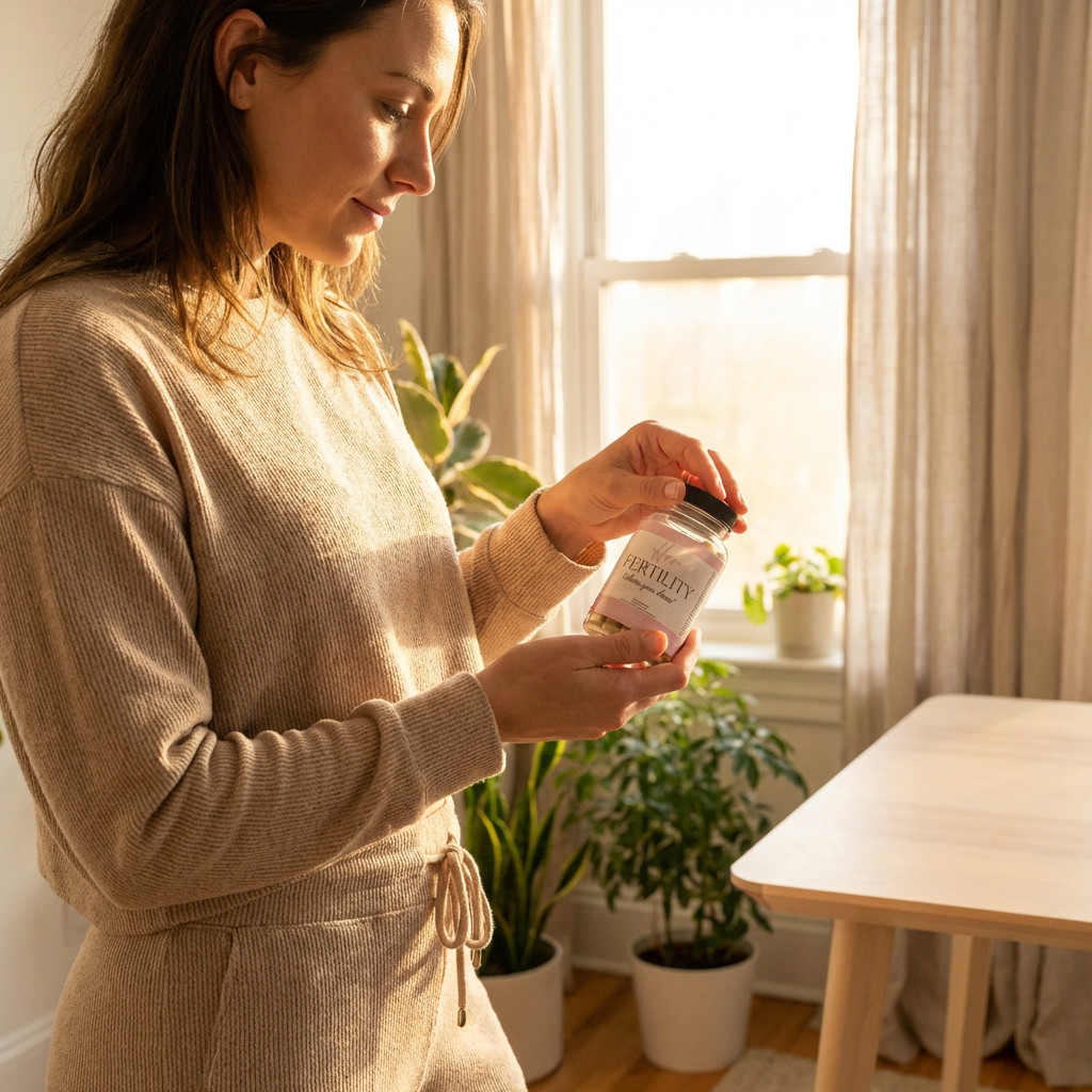 Woman holding a bottle of supplements in a bright room with plants