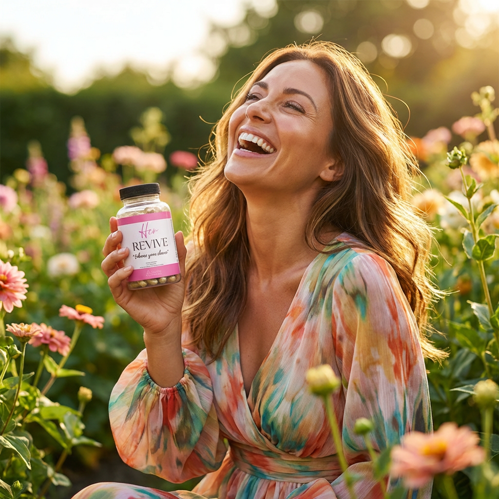 Smiling woman in floral dress holding Her Revive women's supplement bottle in a garden