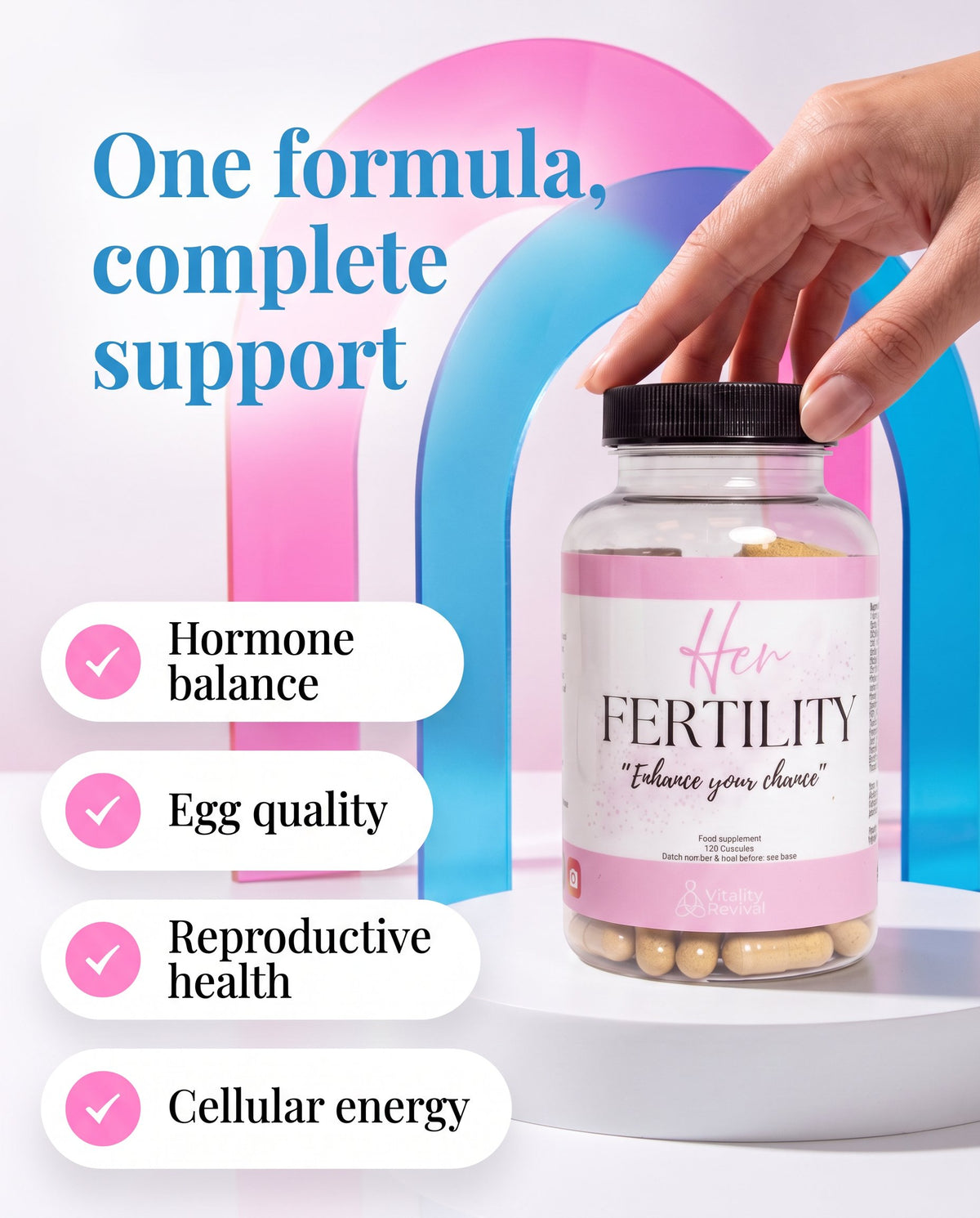 Hand holding a HER FERTILITY bottle against a pastel graphic with preconception food-supplement points