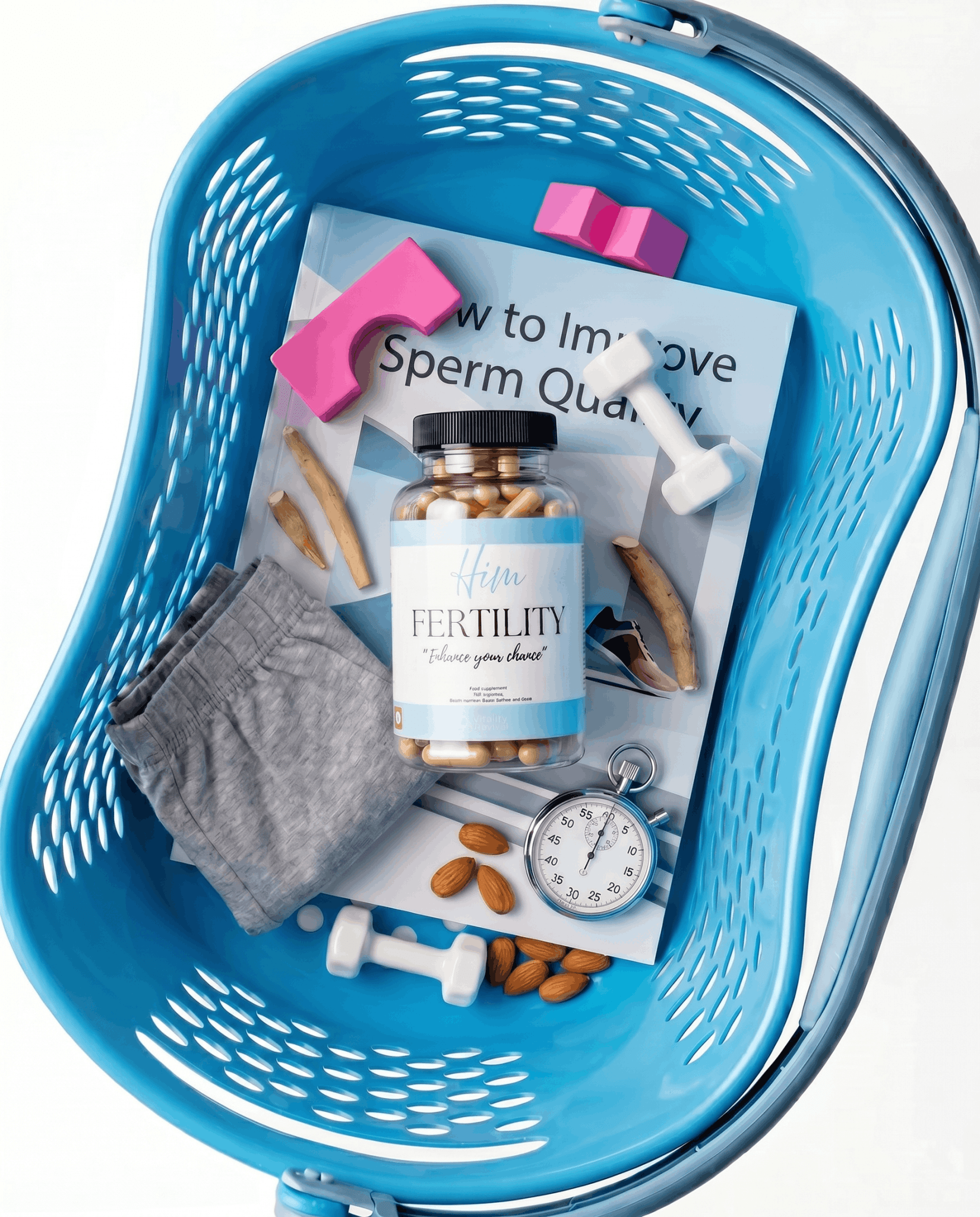 HIM FERTILITY - in a basket with other men objects Wellness Supplement supplement for - VitalityRevival UK