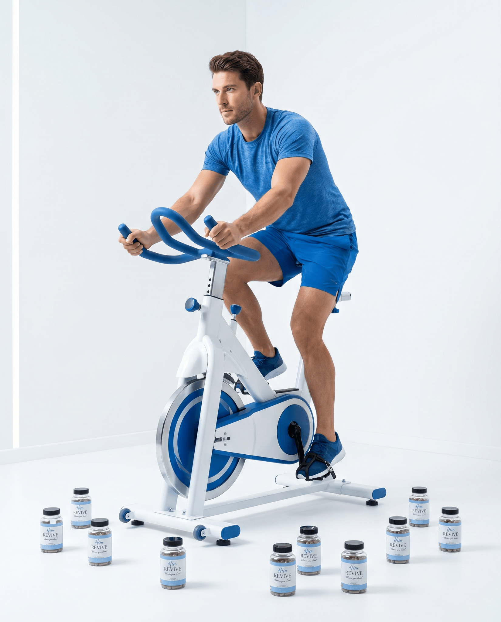 HIM REVIVE - man on exercise bike wellness supplement all on floor supplement for men VitalityRevival UK