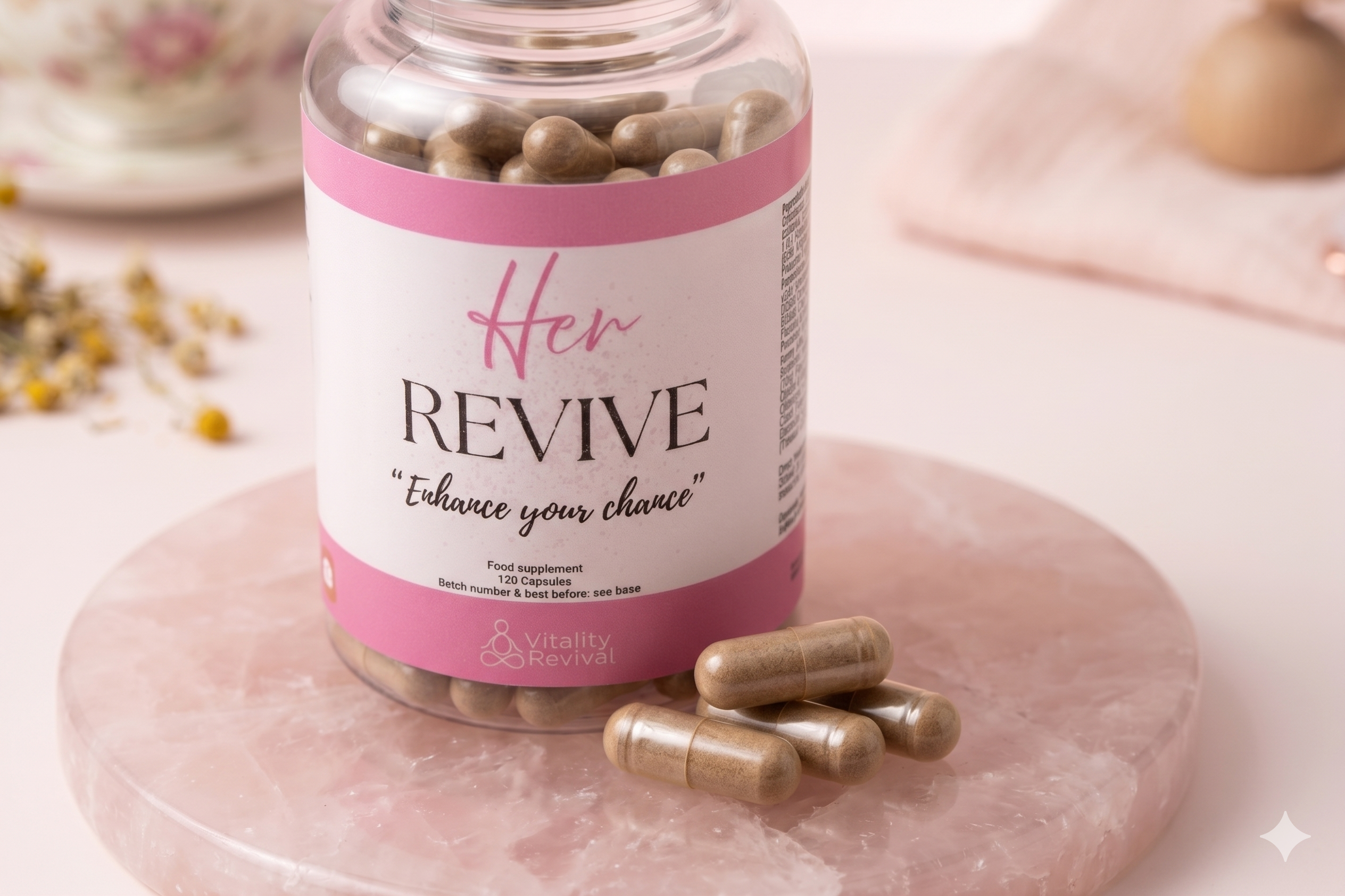 Jar of 'Her Revive' supplements with capsules on a pink stone surface