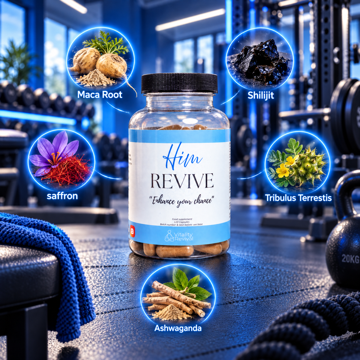 HIM REVIVE tub in a gym with key ingredients maca root, shilajit, saffron, tribulus terrestris and ashwagandha