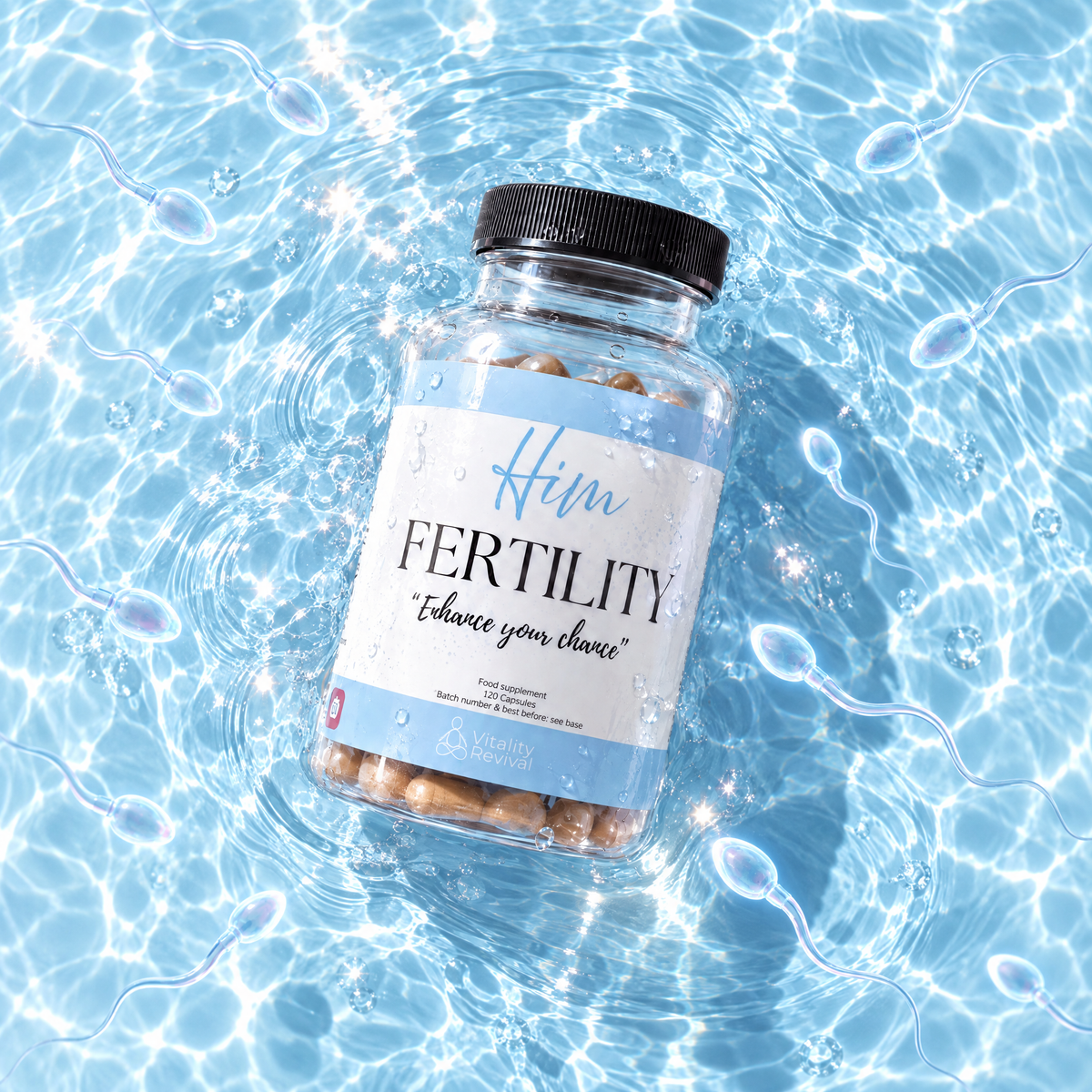 HIM FERTILITY men's preconception food supplement tub floating on clear blue water