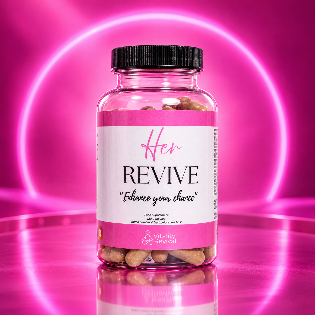 HER REVIVE women's daily food supplement tub with pink neon glow