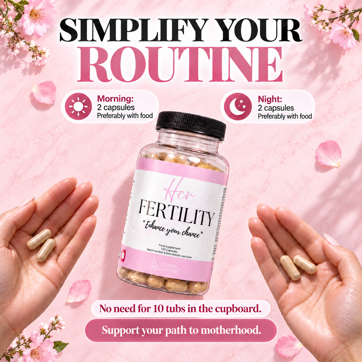Hands holding HER FERTILITY capsules: 2 capsules in the morning and 2 at night with food