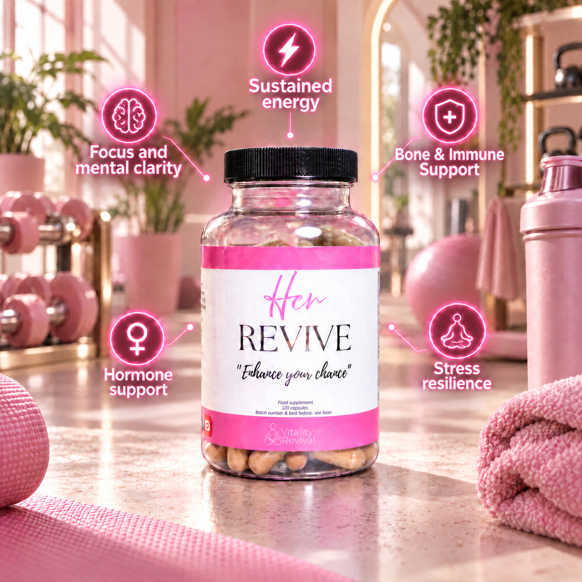 HER REVIVE tub with callouts for sustained energy, focus and mental clarity, bone and immune support and stress resilience