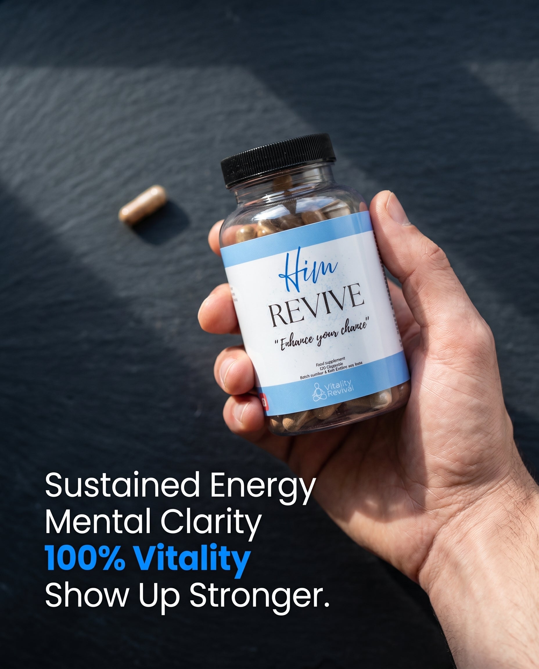 Hand holding a bottle of 'Him Revive' supplements with a dark background