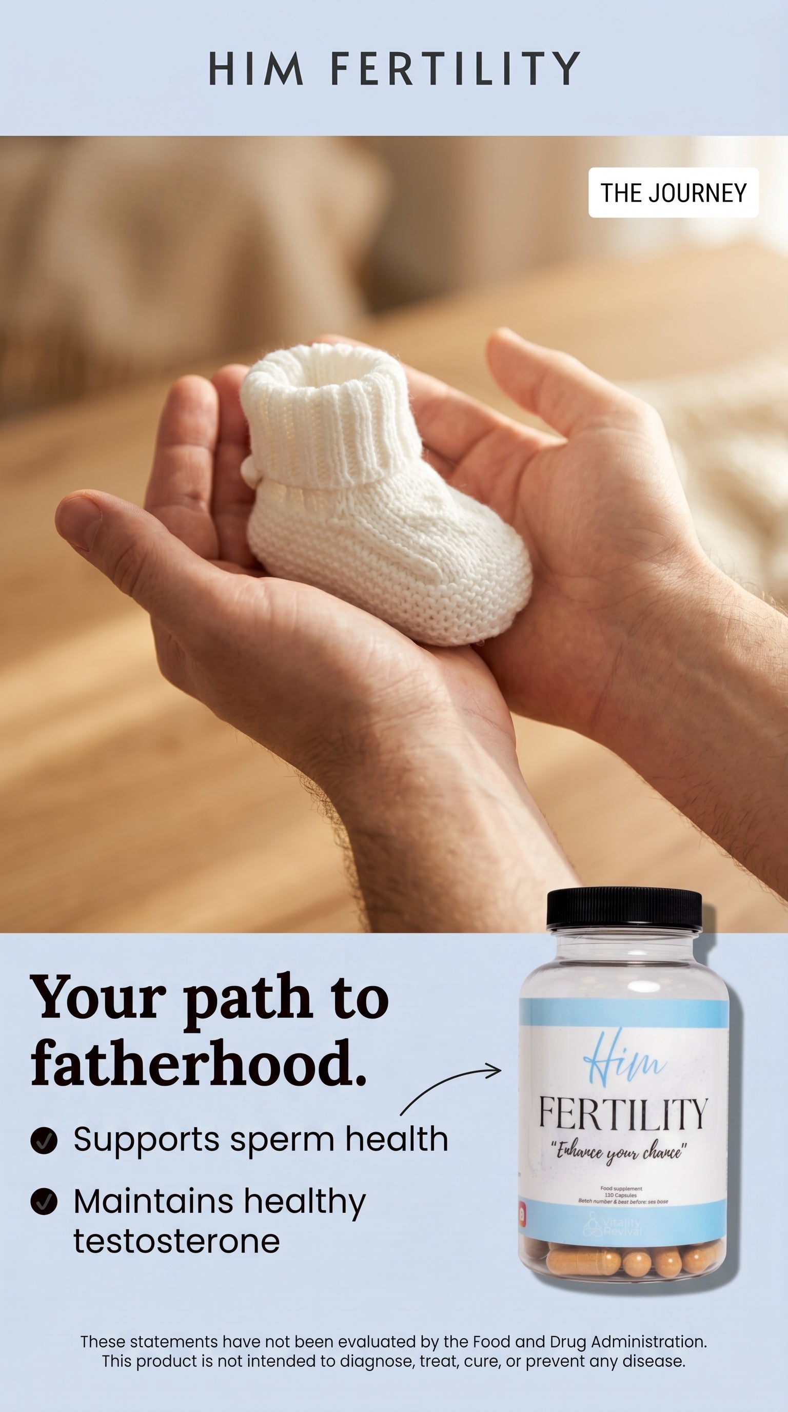 Person holding a small white bootie with a bottle labeled 'Him Fertility' on a blurred background.