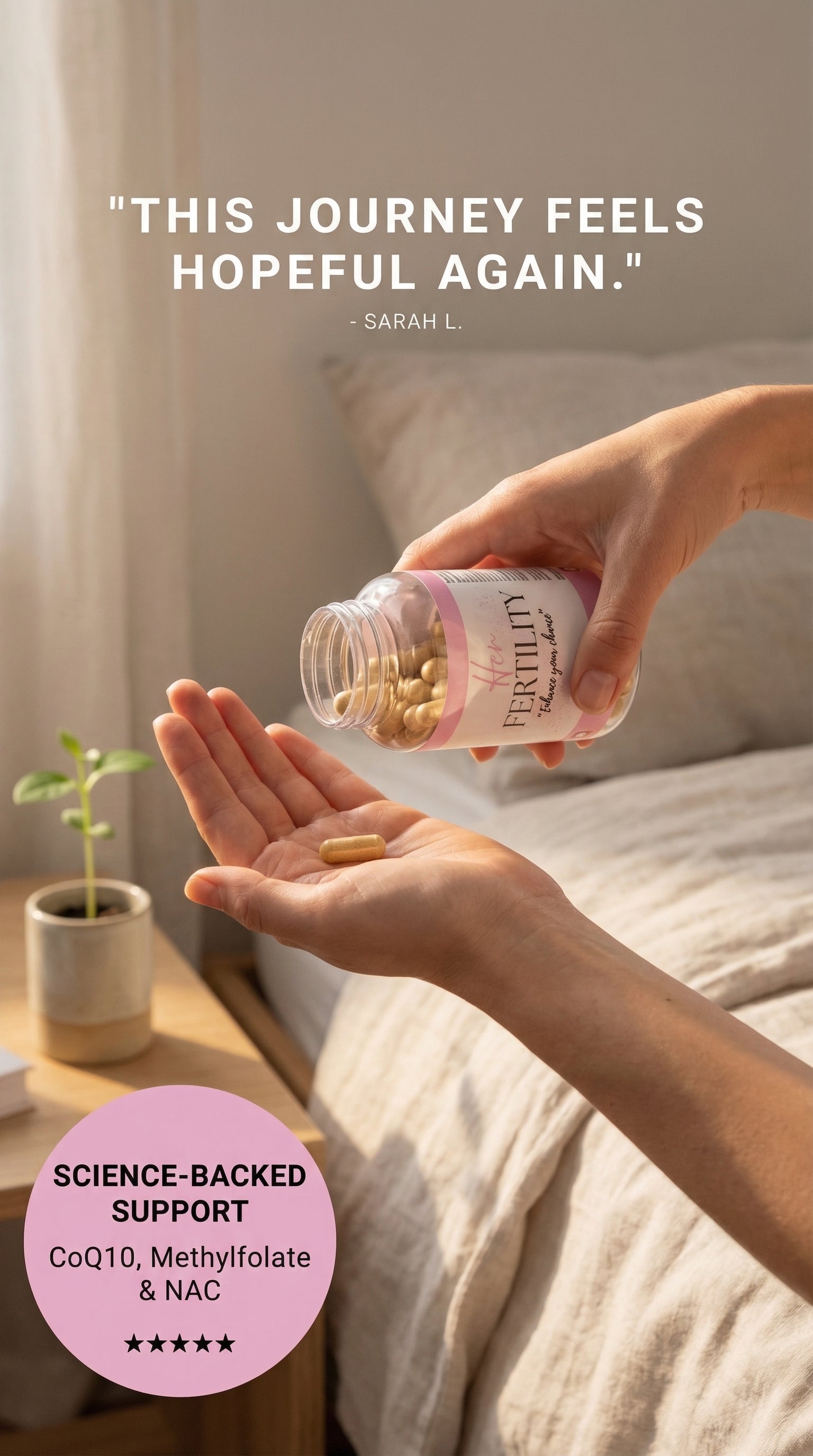 Person holding a bottle of pills with a quote and product details on a blurred background