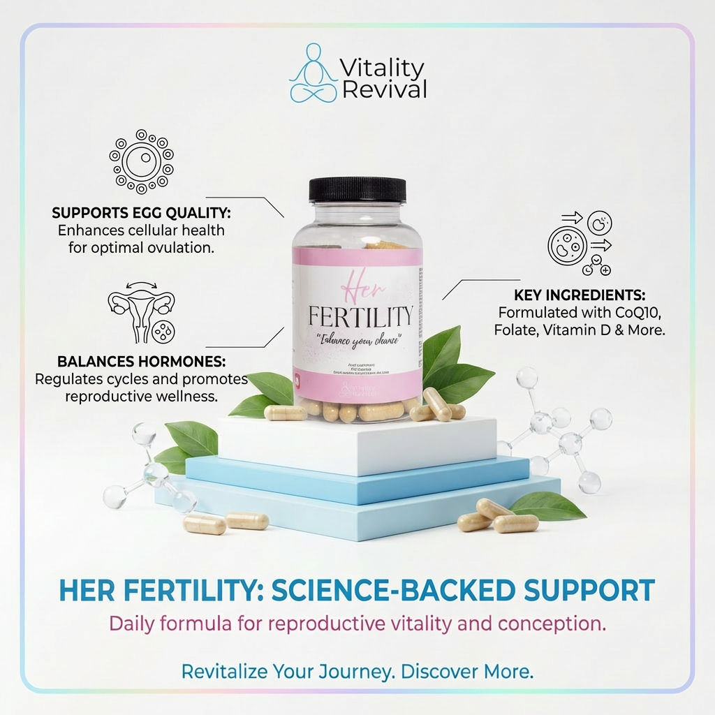 Her Fertility supplements bottle with capsules, highlighting support for egg quality, hormone balance, and key fertility ingredients.