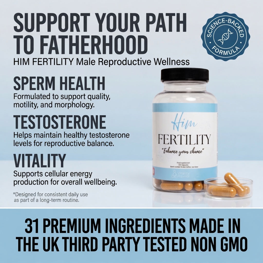Fertility supplement bottle with text about supporting sperm health, testosterone, and vitality on a light blue background.