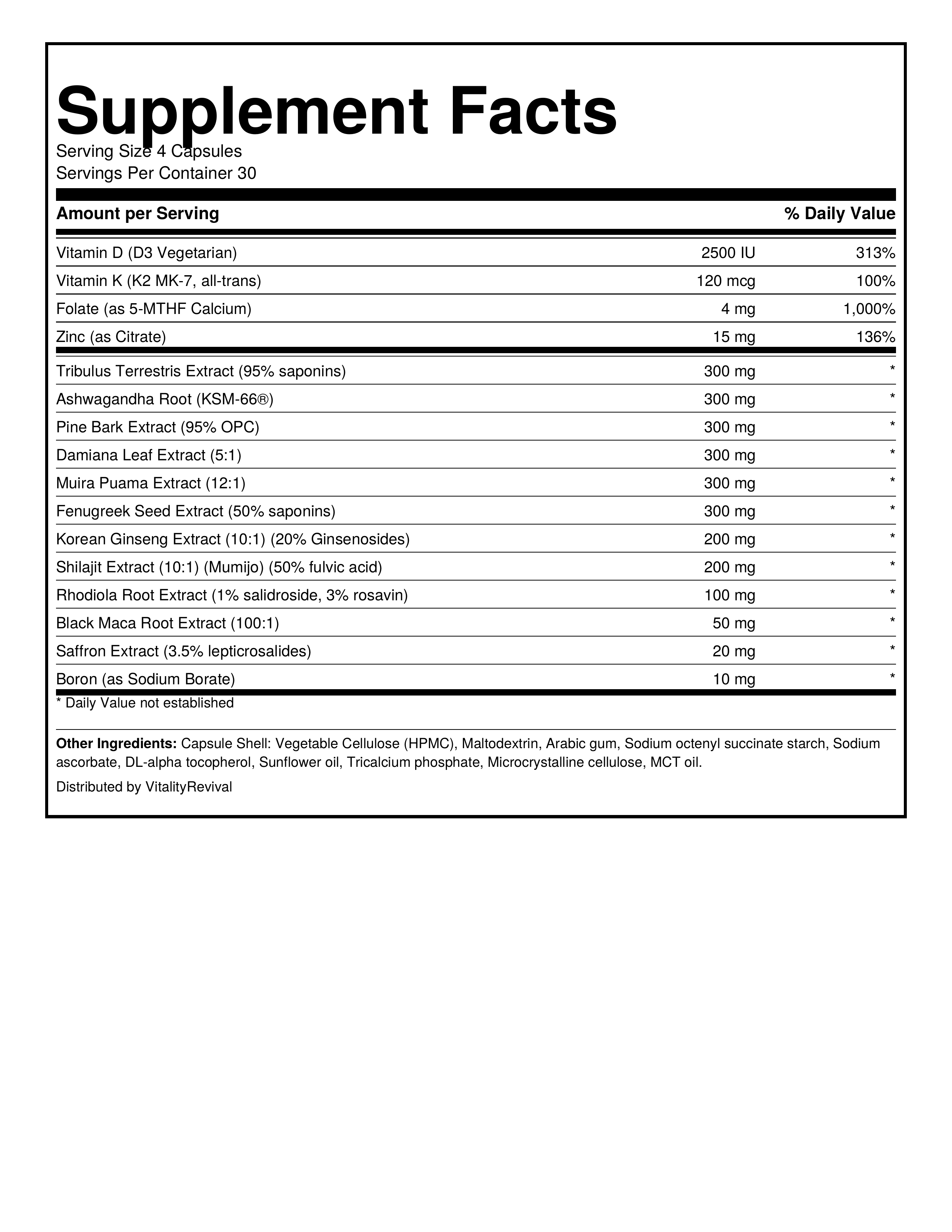 Supplement facts label with detailed ingredient list on a white background