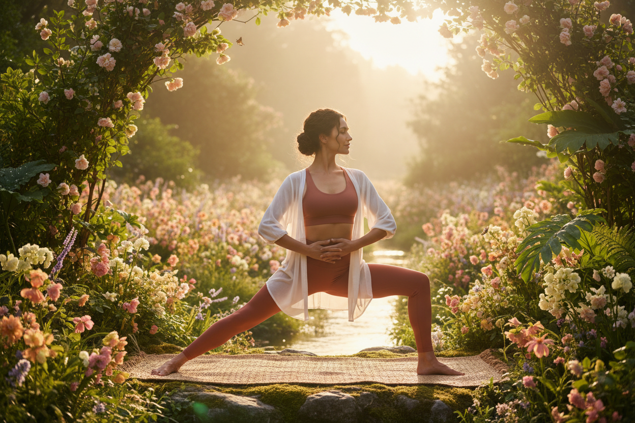 Woman practicing yoga outdoors on mat in a vibrant flower garden at sunrise, promoting fertility and vitality.