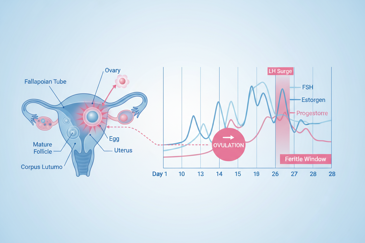 Ovulation cycle diagram showing female reproductive system, hormone levels, and fertile window