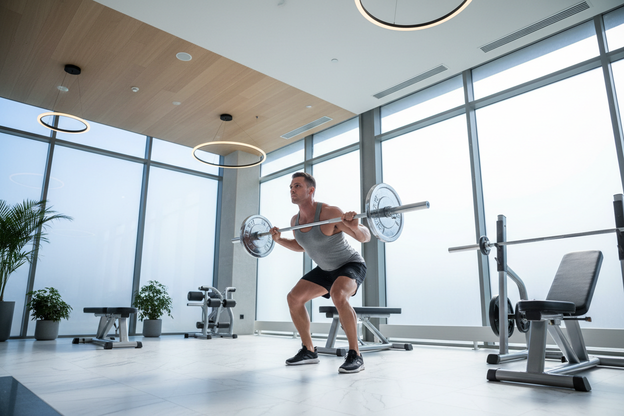 Man lifting barbell in modern gym, performing squat exercise for strength and vitality