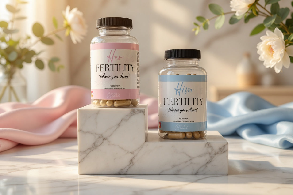 Her and Him fertility supplements for men and women on display, clear bottles with capsules