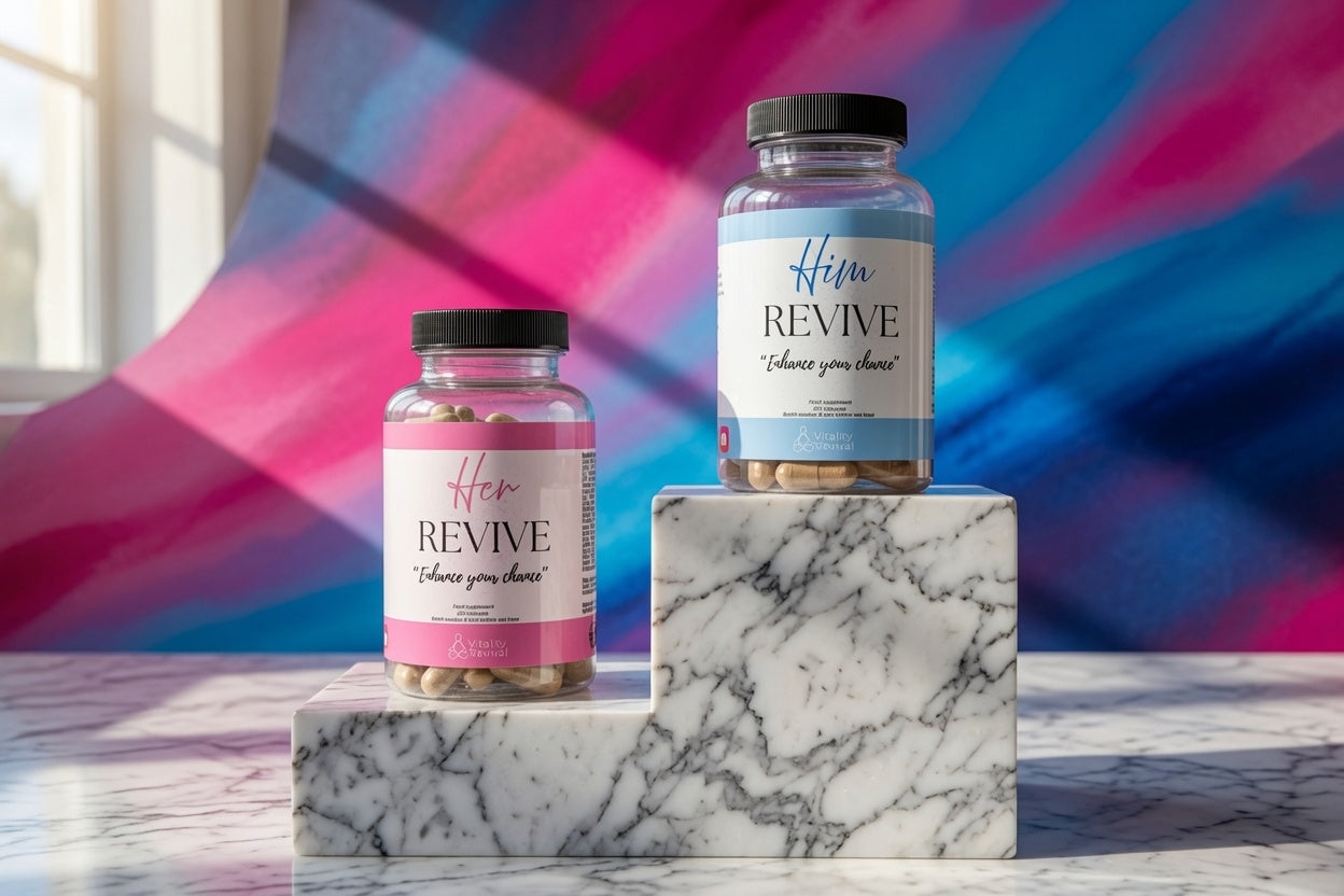 Him and Her Revive fertility supplements bottles for men and women on white background