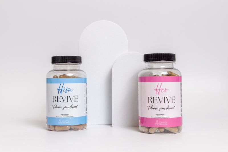 Him and Her Revive fertility supplements bottles for men and women on white background