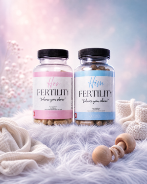 Him & Her Fertility Bundle: HER FERTILITY and HIM FERTILITY tubs on a soft blanket with a wooden baby toy