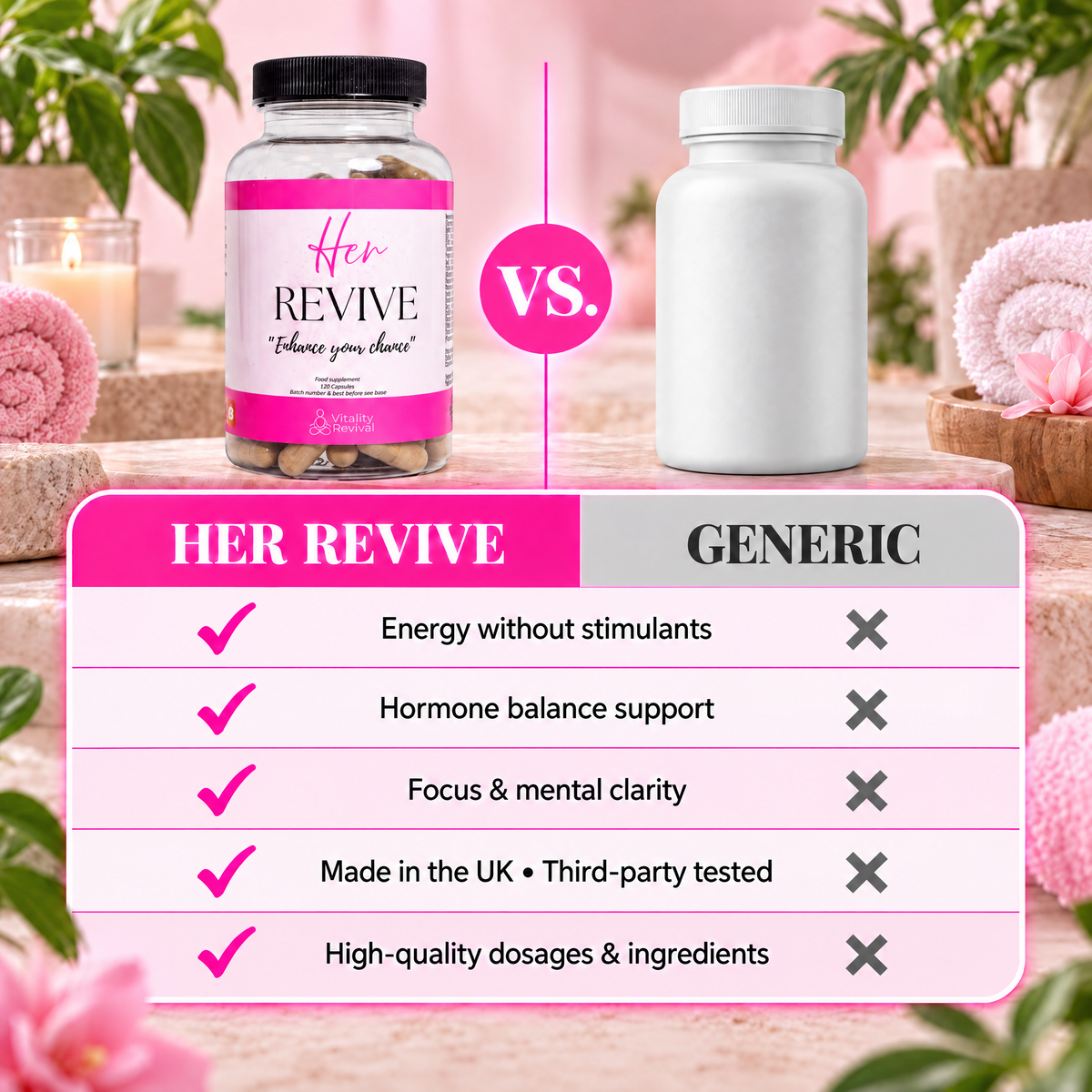 HER REVIVE versus a generic supplement comparison chart in the Revive Bundle