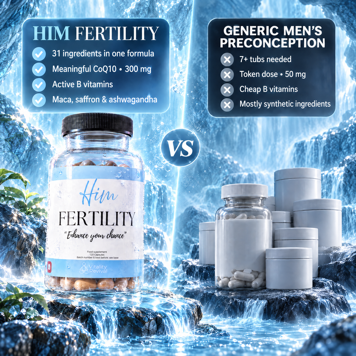 HIM FERTILITY 31-ingredient formula compared with a stack of generic men's preconception tubs