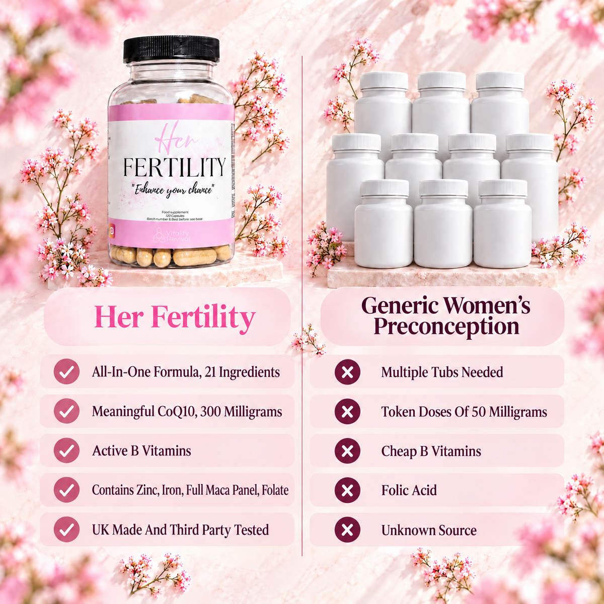 HER FERTILITY 21-ingredient formula compared with multiple generic women's preconception tubs