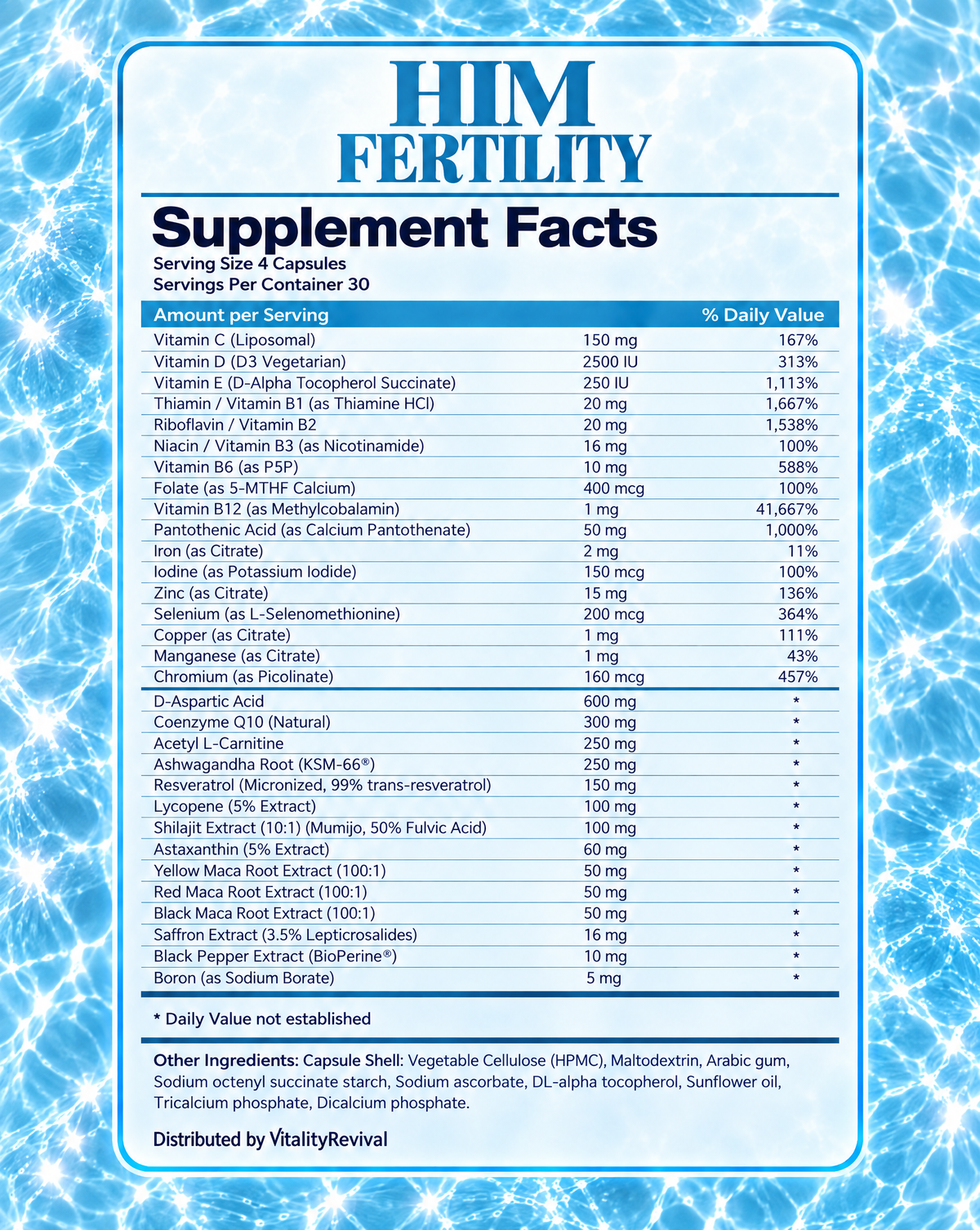 HIM FERTILITY supplement facts label per 4-capsule serving