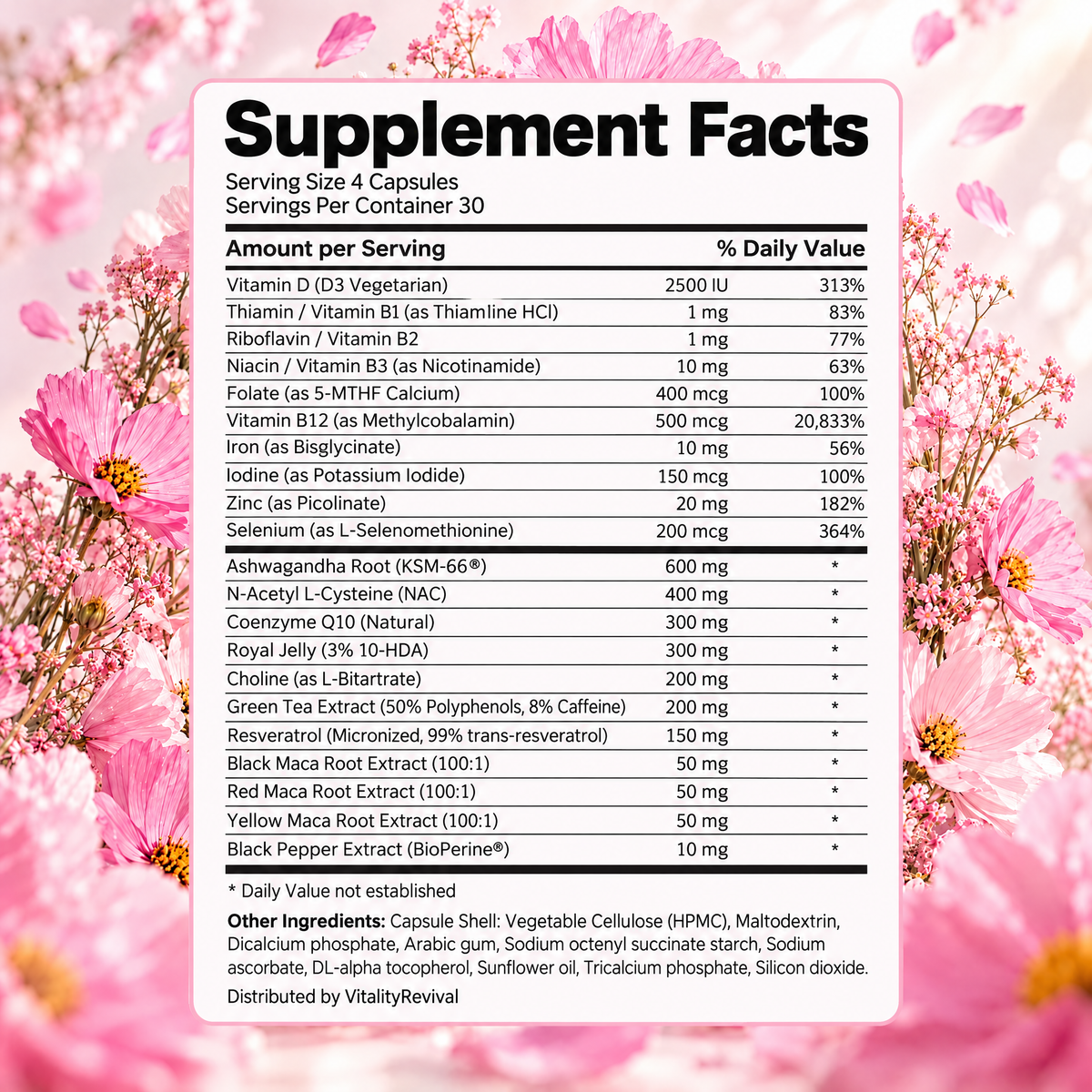 HER FERTILITY supplement facts label per 4-capsule serving