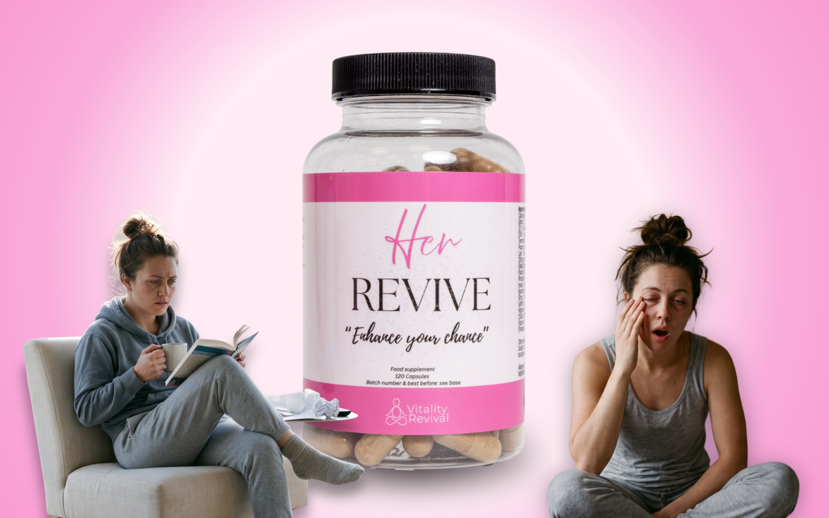 Her Revive bottle with a tired woman in an armchair and a woman yawning