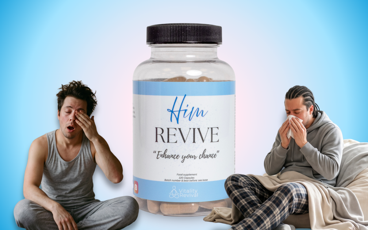 Him Revive bottle with two men looking tired